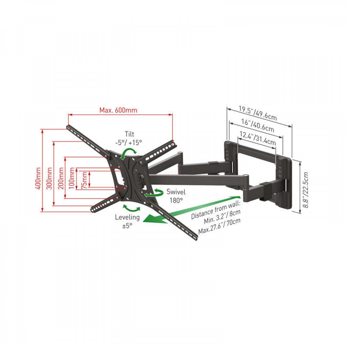 Βάση Τηλεόρασης Τοίχου BM464L Barkan 13" - 90" με Διπλό Βραχίονα και Κλίση Ηλεκτρολογικός Εξοπλισμός
