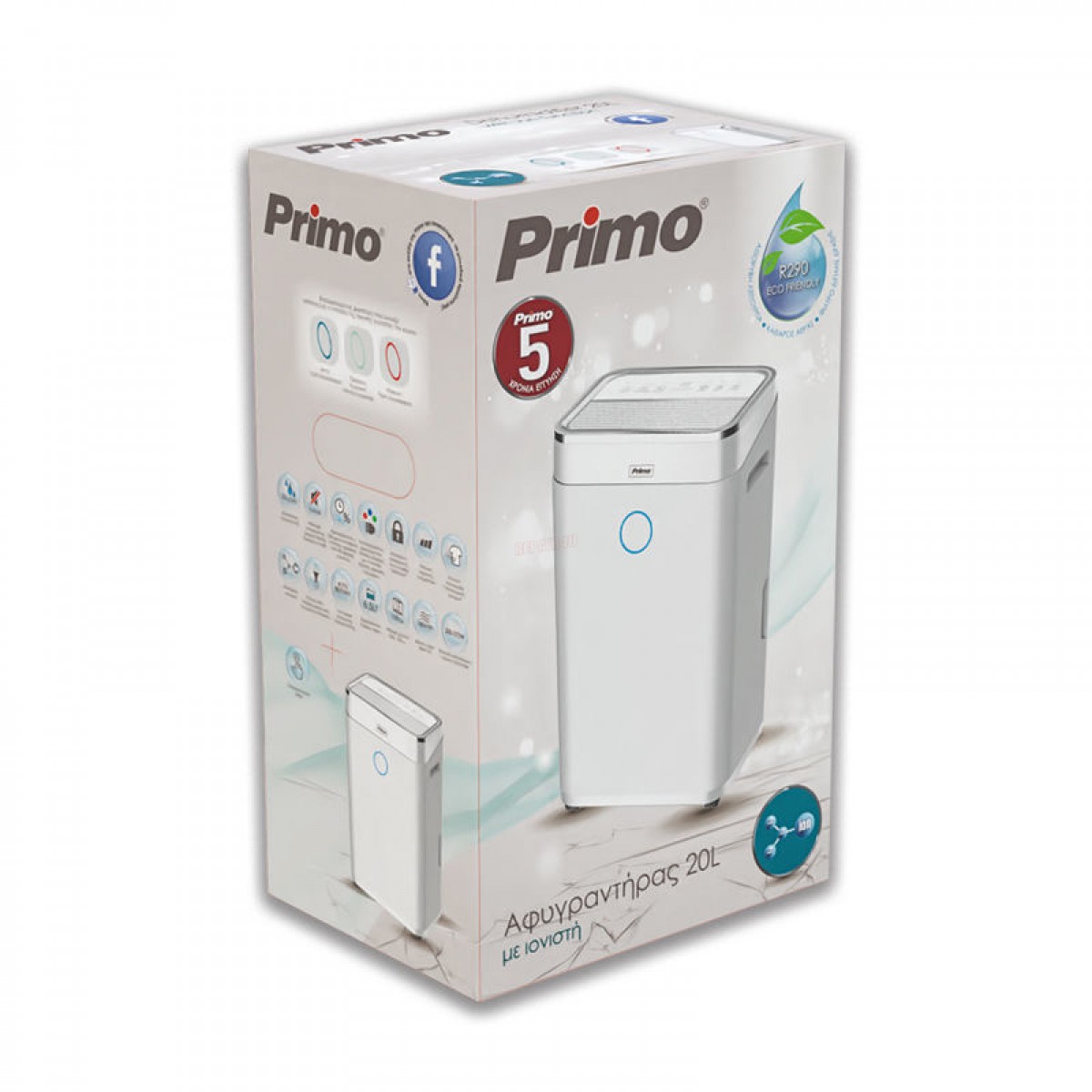 Αφυγραντήρας PRDH-45007i Primo 20lt Ηλεκτρονικός R290 με Με Χρωματική Ένδειξη Υγρασίας & Ιονιστή & Φίλτρο Διπλής Δράσης Λευκός Οικιακές Συσκευές